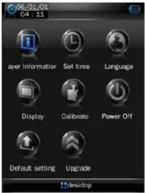 06/01/01 04:11 layer Information Set time Language Display Calibrate Power Off Default setting Upgrade desktop