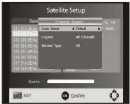 Satellite Setup Scan Mode Scan Mode Crypted All Channels Service Type All Quality EXIT EXIT OK Confirm 1L 1M 10600