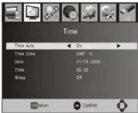 Time Time Auto ← On Time Zone GMT: 1$ Date 01/01/2000 Time 05:05 Sleep Off OK Return OK Confirm