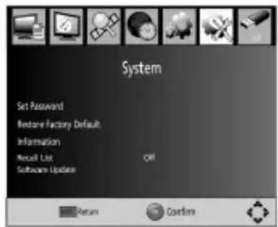 System Set Password Restore Factory Default Information Recall List Software Update ORI Return Confirm