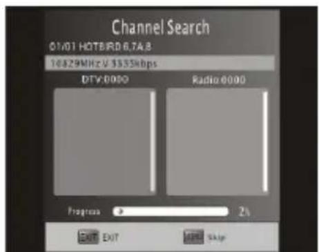 Channel Search 01/01 HOTBIRD 6.7A.8 10829MHz U $535kbps DTV:0000 Radio:0000 Progress: 0 2% EXIT EXIT MRS Skip
