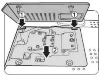 Diagram showing two labeled components of an open device with arrows indicating assembly or installation steps