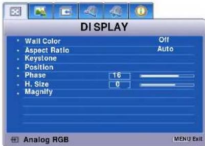 DI SPLAY • Wall Color Off • Aspect Ratio Auto • Keystone • Position • Phase 16 • H. Size 0 • Magnify Analog RGB MENU Exit