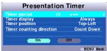 Presentation Timer Timer period 15 ← Timer display Always Timer position Top-Left Timer counting direction Count Down On Off MENU Back