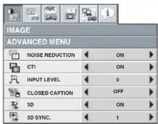 IMAGE ADVANCED MENU NOISE REDUCTION CTI INPUT LEVEL CLOSED CAPTION 3D 3D SYNC. ON ON 0 OFF ON 1