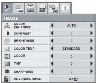 IMAGE COLOR ENHANCER AUTO CONTRAST 0 BRIGHTNESS 0 COLOR TEMP. STANDARD COLOR 0 TINT 0 SHARPNESS 0 ADVANCED MENU OK