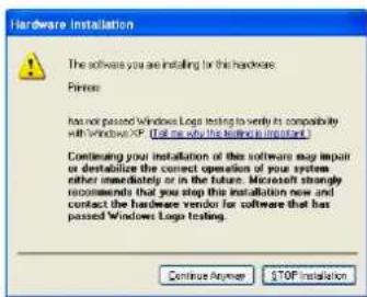 Hardware Installation The software you are installing for this hardware. Prints: has not passed Windows Logo testing to verify its compatibility with Windows XOP. (If the why this testing is important.) Continuing your installation of this software may impair or destabilize the correct operation of your system either immediately or in the future. Microsoft strongly recommends that you step this installation now and contact the hardware vendor for software that has passed Windows Logo testing. Continue Answer STOP Installation