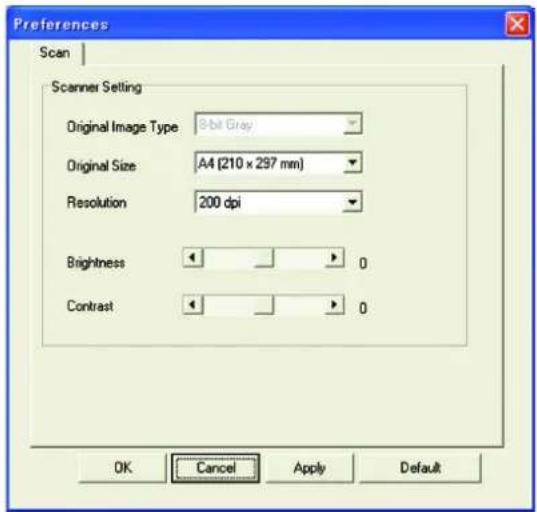 Preferences Scan Scanner Setting Original Image Type 8-bit Gray Original Size A4 (210 x 297 mm) Resolution 200 dpi Brightness 0 Contrast 0 OK Cancel Apply Default