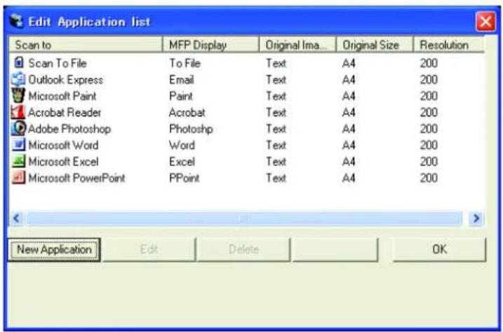 Edit Application list Scan to MFP Display Original Ima... Original Size Resolution Scan To File To File Text A4 200 Outlook Express Email Text A4 200 Microsoft Paint Paint Text A4 200 Acrobat Reader Acrobat Text A4 200 Adobe Photoshop Photoshop Text A4 200 Microsoft Word Word Text A4 200 Microsoft Excel Excel Text A4 200 Microsoft PowerPoint PPoint Text A4 200 New Application Edit Delete OK