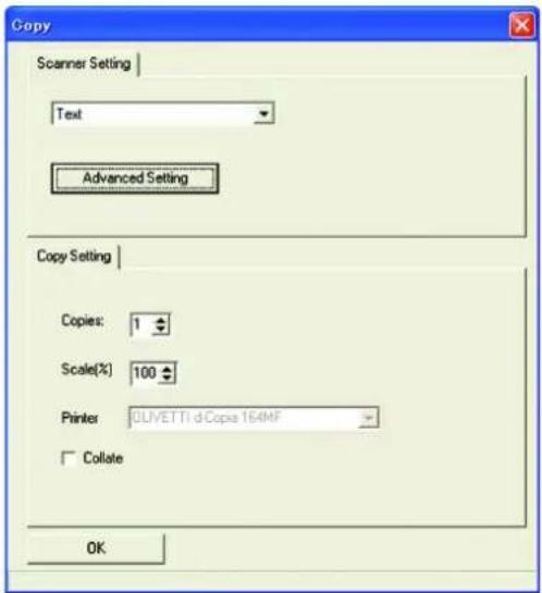 Copy Scanner Setting | Text Advanced Setting Copy Setting Copies: 1 Scale(%) 100 Printer OLIVETTI dCope 164MF Collate OK