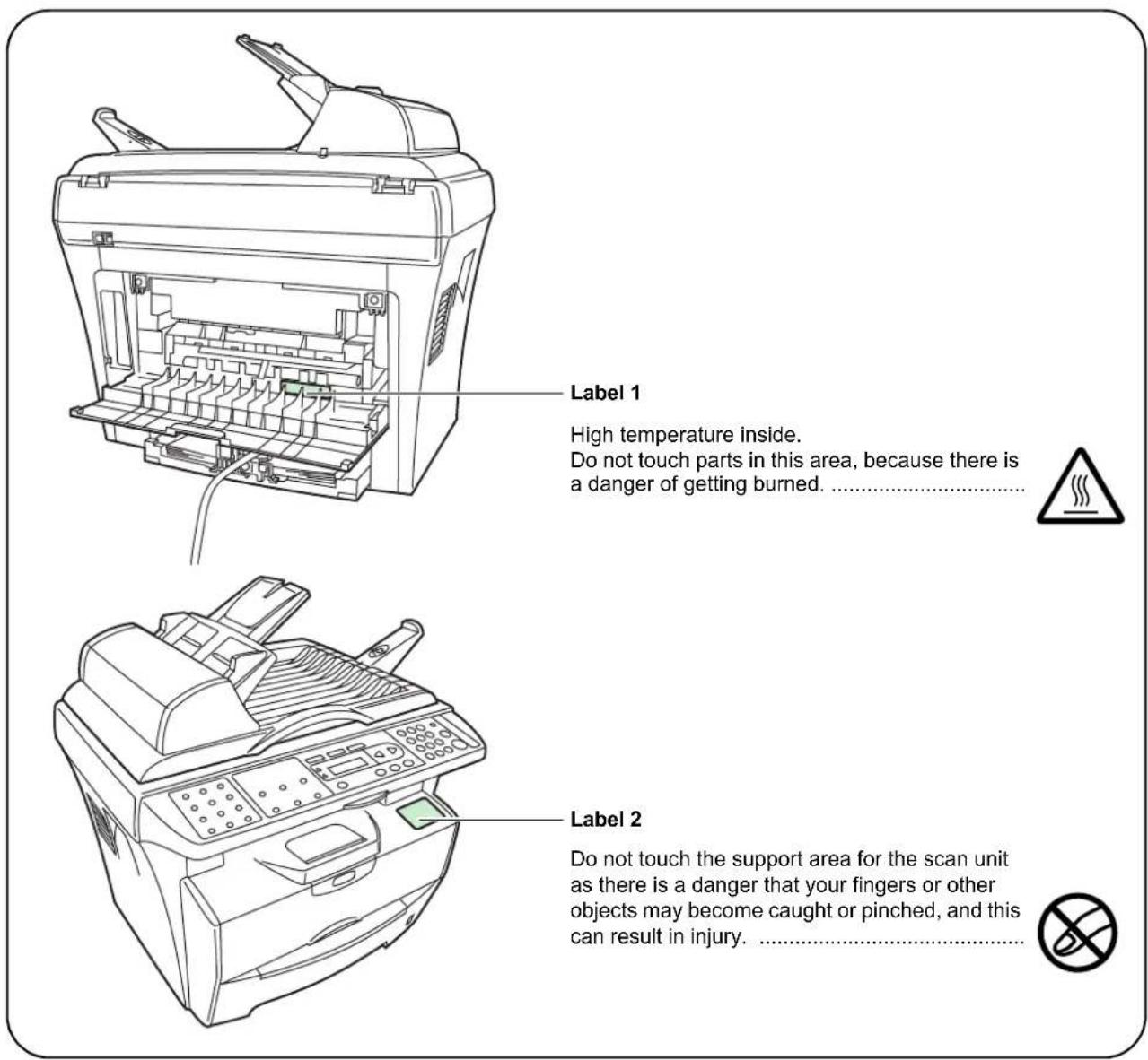 Label 1 High temperature inside. Do not touch parts in this area, because there is a danger of getting burned. ...... Label 2 Do not touch the support area for the scan unit as there is a danger that your fingers or other objects may become caught or pinched, and this can result in injury. ...... No