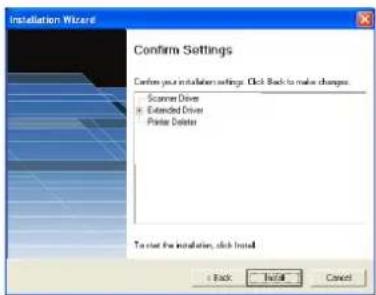 Installation Wizard Confirm Settings Confirm your installation settings. Click Back to make changes Scanner Driver Extended Driver Prime Driver To set the installation, click install. + Back Install Cancel