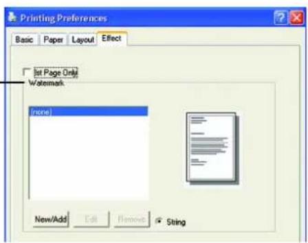 Printing Preferences Basic Paper Layout Effect First Page Only Watermark [none] New/Add Edit Remove String