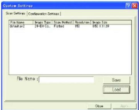 Custom Settings Scan Settings | Configuration Settings | File Name | Image Type | Scan Method | Resolution | Image Size default:2 24-Bit Co. Flatbed 160 860 X11.59 File Name : Save Load Close Apply