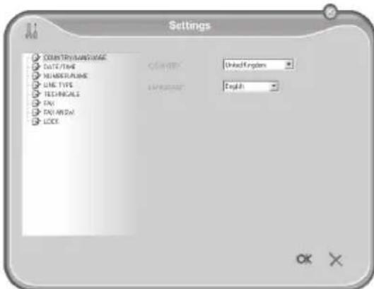 Settings Country/Language Date/Time Member/Plume Line Type Technicals OK FXI/ARID LOCK Character: Unif Kingdom Language: English