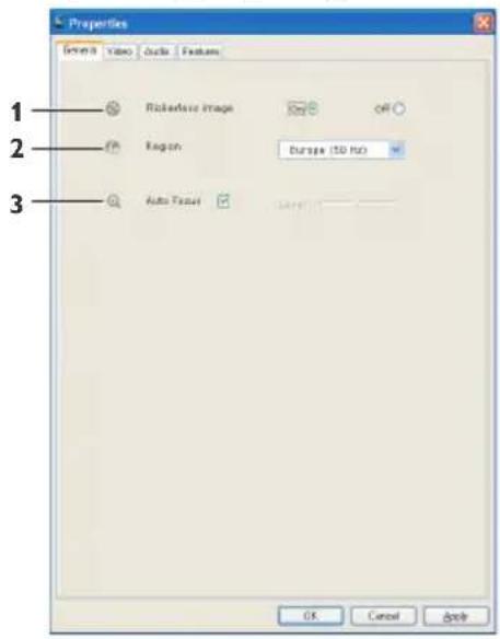 Properties 1 2 3 Rictetase Image OK Off Region Bursge (50 Hz) Auto Focus OK Cancel Help