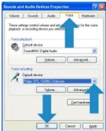 Sounds and Audio Devices Properties Volume Sounds Audio Voice Hardware These settings control volume and adaptive sound for the voice playback or recording device you select. Voice playback Default device: SoundMAX Digital Audio Volume... Advanced... Voice recording Digital device: Shape SPEC EXOSC Webcam Volume... Advanced... Just hardware... OK Cancel Apply