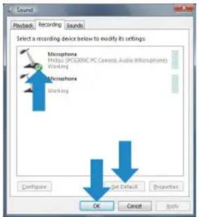 Sound Playback Recording Sounds Select a recording device below to modify its settings: Microphone Pirvice SPICOMC PC Camera Audio Micromphi Working Microphone Working Configure Get Default Properties OK Cancel Apply