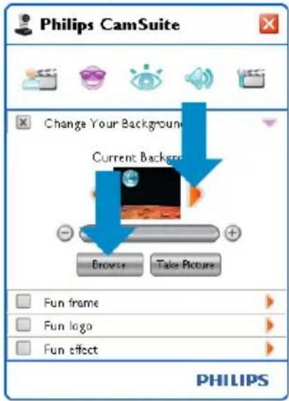Philips CamSuite Change Your Background Current Background Browse Take Picture Fun frame Fun logo Fun effect PHILIPS