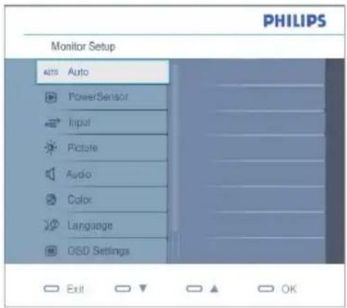 PHILIPS Monitor Setup Auto PowerSensor Input Picture Audio Color Language OSD Settings Exit OK