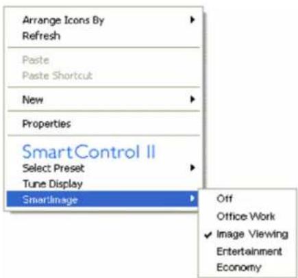 Arrange Icons By Refresh Paste Paste Shortcut New Properties SmartControl II Select Preset Tune Display SmartImage Off Office Work ✓ Image Viewing Entertainment Economy