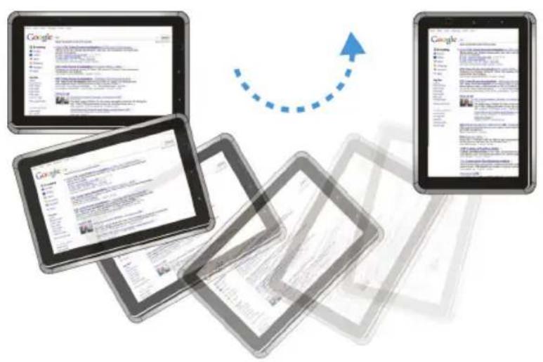 Composite image showing Google tablets and tablet screens with text, alongside a blue arrow indicating a communication or update concept.