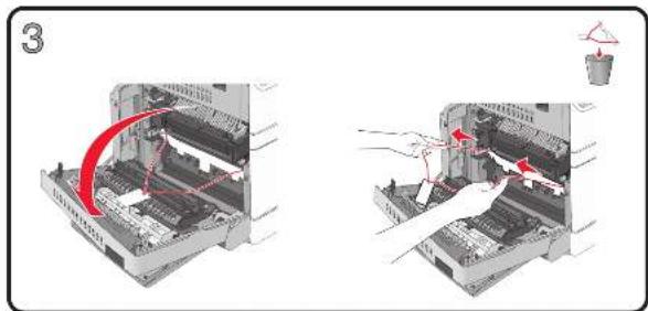 Technical diagram showing two views of a printer's internal structure with red arrows indicating motion or movement, labeled with number 3.