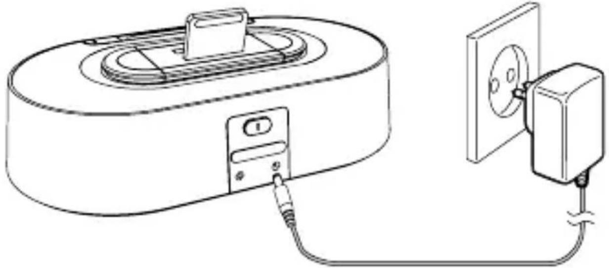 Line drawing of a circular device connected to a wall-mounted power outlet (no text or symbols)