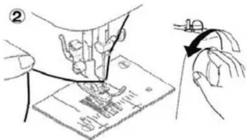 Technical diagram showing hands using a sewing machine to adjust fabric with a magnified view of the component being cut.