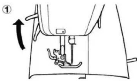 Technical diagram of a sewing machine with labeled component and directional arrow indicating rotation