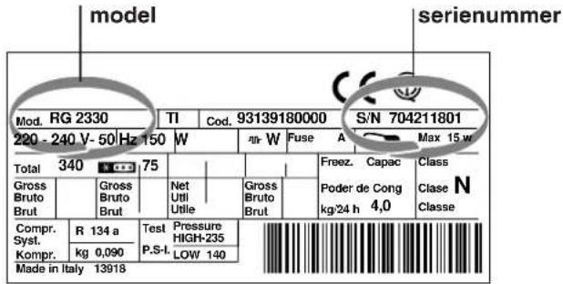 model serienummer Mod. RG 2330 TI Cod. 93139180000 S/N 704211801 220 - 240 V-50 Hz 150 W W Fuse A Max 15 w Total 340 75 Freez. Capac Class Gross Bruto Brut Gross Bruto Brut Net Utili Utile Gross Bruto Brut Poder de Cong kg/24 h 4,0 Clase N Compr. R 134 a Test Pressure HIGH-235 Syst. P.S.-L LOW 140 K…