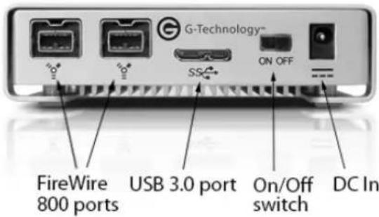 G-Technology™ ON OFF FireWire USB 3.0 port On/Off switch DC In 800 ports