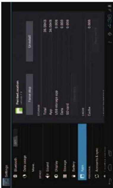 Settings Bluetooth GT Data usage More... DEVICE Sound Display Storage Battery Apps PERSONAL Accounts & sync PrinterLocation Version 1.0 Force stop Uninstall STORAGE Total 36.00KB App 36.00KB USB storage app 0.00B Data 0.00B SD card 0.00B Cache Cache 0.00B