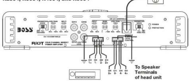 BOSS CROMBATTER ON RUS PRO2 RIO1 LW30 CH1 CH3 ON 5V CONTROLS POWER PROTECTION CH1/2 CONTROLS RIOT TOLER CHANNEL MOUNT POWER AM/FEB CH2 low CH4 To Speaker Terminals of head unit