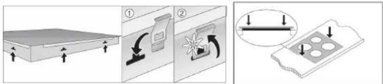 Diagram illustrating three-step process of a mechanical or electrical component: loading, cutting, and shaping with arrows indicating motion.