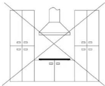 Line drawing of a kitchen interior with diagonal lines dividing the cabinet frame (no text or symbols)
