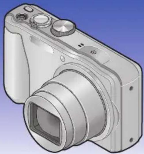 Illustration of a digital camera with lens and control buttons (no text or symbols)