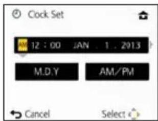 Clock Set 12:00 JAN 1.2913 M.D.Y AM/PM Cancel Select