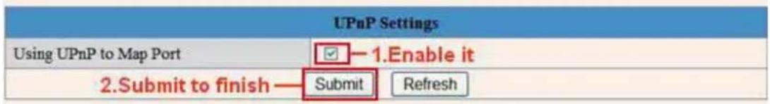 UPnP Settings Using UPnP to Map Port 1.Enable it 2.Submit to finish — Submit Refresh