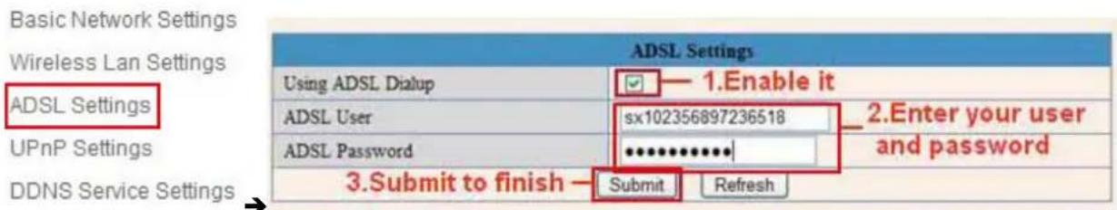Basic Network Settings Wireless Lan Settings ADSL Settings UPnP Settings DDNS Service Settings ADSL Settings Using ADSL Dialup 1.Enable it ADSL User sx102356897236518 ADSL Password ************ 3. Submit to finish Submit Refresh 2.Enter your user and password