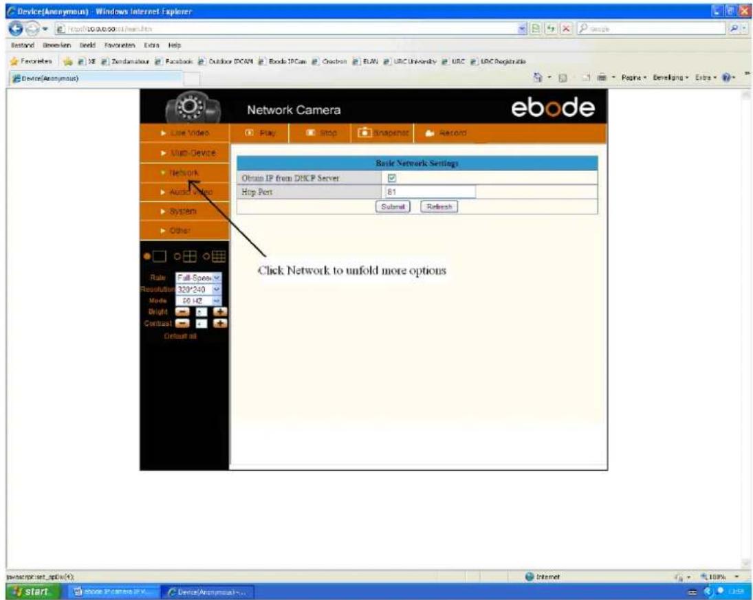 Device(Anonymous) - Windows Internet Explorer Lastand Dimension Next Favorites Extra Help Favorites XE Zendamabour Facebook Outdoor ECAM Books IPCas Cnachron FLAV URC University URC URC Registrable Device(Anonymous) Network Camera ebode Live Video Multi-Device Network Audio video System Other Rule Full-Speech Resolution 320*240 Mode 50 Hz Bright Contrast Default all Basic Network Settings: Obtain IP from DHCP Server Hip Port 81 Submit Refresh Click Network to unfold more options Internet
