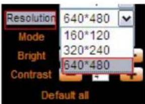 Resolution 640*480 Mode 160*120 Bright 320*240 Contrast 640*480 Default all