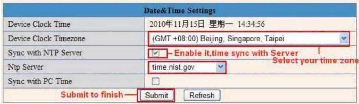 Date&Time Settings Device Clock Time 2010年11月15日 星期一 14:34:56 Device Clock Timezone (GMT +08:00) Beijing, Singapore, Taipei Sync with NTP Server Enable it,time sync with Server Ntp Server hate.nist.gov Select your time zone Sync with PC Time Submit to finish——Submit Refresh
