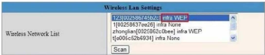 Wireless Lan Settings 123[002586745b2c] infra WEP 1[00258637ee26] infra None zhonglian[0025862c0bee] infra WEP t[e005c52b6934] infra None Scan
