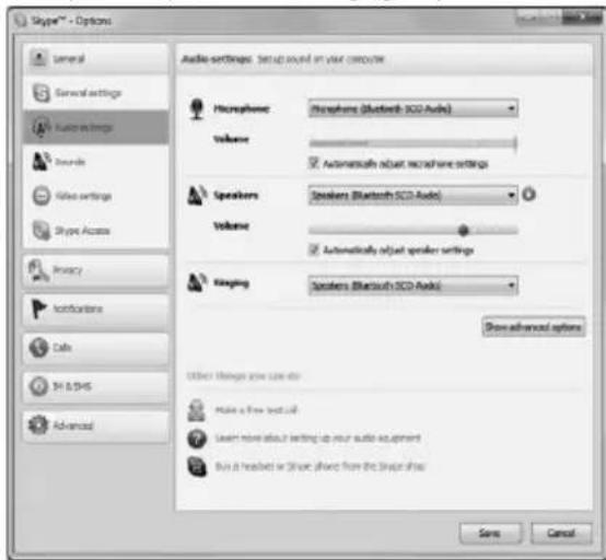 Skype™ - Options General General settings Audio settings Sounds Altire settings Skype Access Privacy Instructions Calls SH & SHS Advanced Audio settings: Setup sound on your computer Microphone: Microphone (Bluetooth 3CD Audio) Volume: Automatically adjust microphone settings Speakers: Speakers (Bluetooth 3CD Audio) Volume: Automatically adjust speaker settings Kinging: Speakers (Bluetooth 3CD Audio) Show advanced options Other images now can do Make a free text file Learn to read about writing up your audio equipment Buy a headset or iPhone show from the Skype window Save Cancel