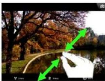 Scenic autumn landscape with trees, a pond, and green arrows pointing to a hand holding a white object (no text or symbols)