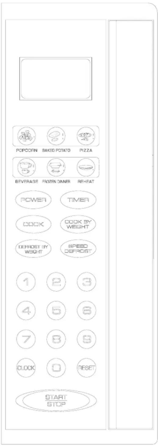 POPCORN BAKED POTATO PIZZA BEVERAGE FROZEN DINNER REHEAT POWER TIMER COOK COOK BY WEIGHT DEFROST BY WEIGHT 8PEED DEFROST 1 2 3 4 5 6 7 8 9 CLOCK 0 RESET START STOP