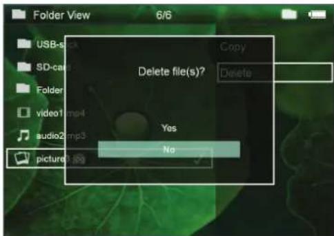 Folder View 6/6 USB-s SD-cas Folder video1.mp4 audio2.mp3 picture0.jpg Delete file(s)? Copy Delete Yes No