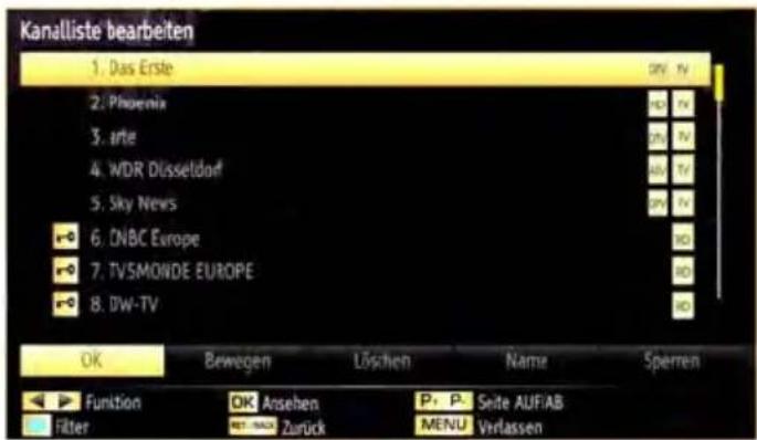 Kanalliste bearbeiten 1. Das Erste 2. Phoenix 3. arte 4. WDR Düsseldorf 5. Sky News 6. NBC Europe 7. TV5MONDE EUROPE 8. DW-TV OK Bewegen Löschen Name Sperren Funktion OK Ansehen P, P, Seite AUF/AB Filter NET-NAU Zurück MENU Vyrlassen