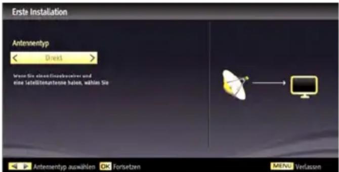 Erste Installation Antennentyp < Dresl > Weise Sie einem Tieselrechner und eine Satellite Antenna haben, wählen Sie Antennentyp auswählen OK Forsetzen MENU Verlassen